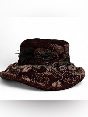 Vintage-Style Brown Velvet Floral Hat with Feather Accent